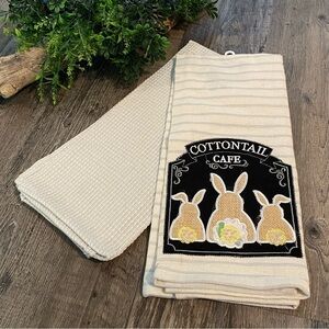 DECORATIVE TOWELS Neutral Easter Bunny Kitchen Towels, Set of 2, One Embroidered